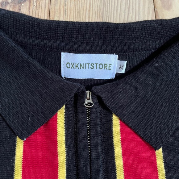 OXXKNITSTORE Mens Knit Striped Polo Shirt Short Sleeve Zip Up Black Red Yellow‎ - Picture 4 of 10